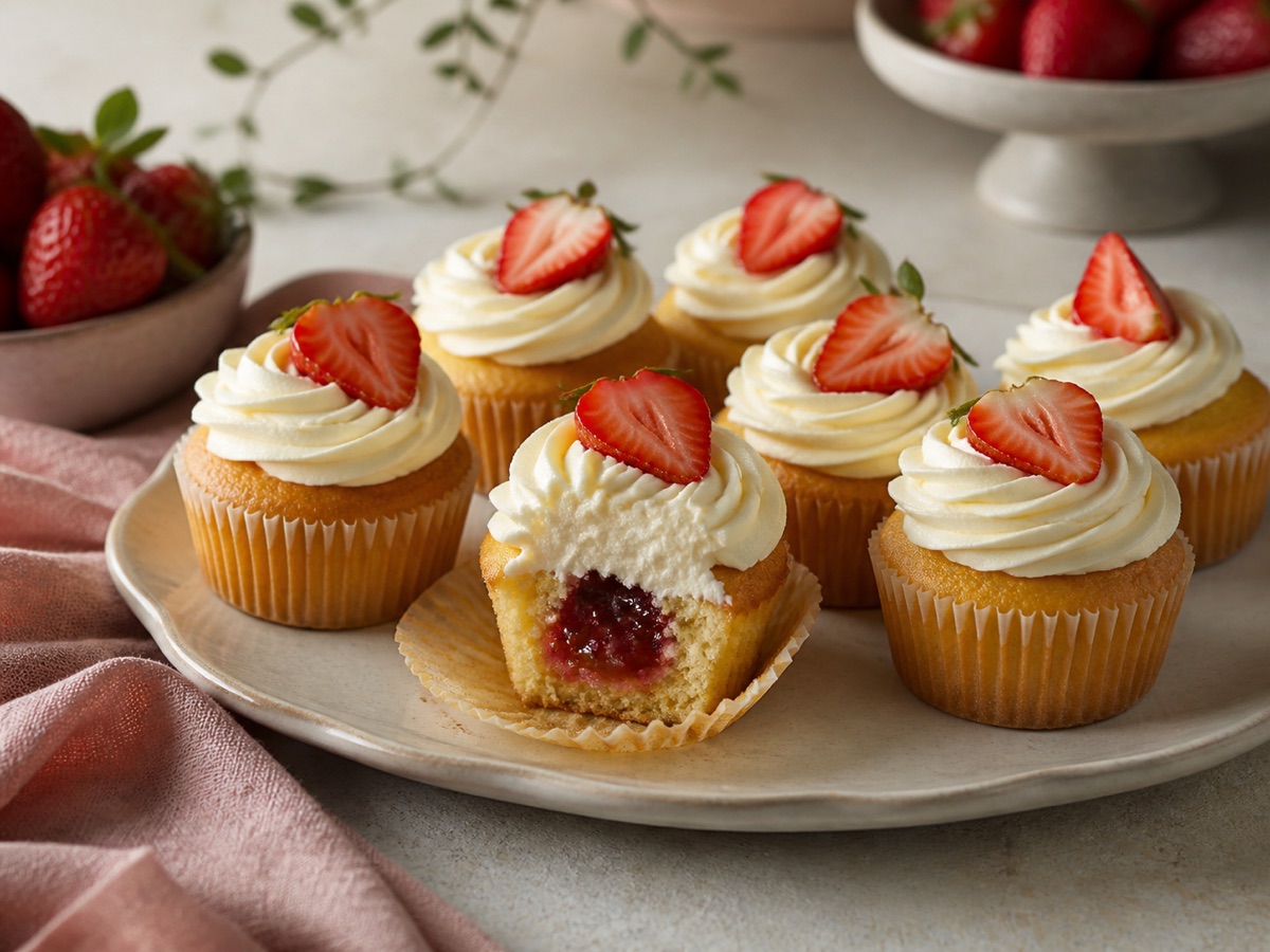 Vanillecupcakes met aardbeienjam
